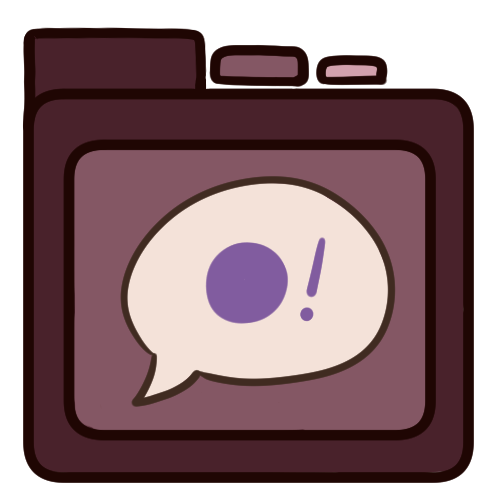  a red file folder with a speech bubble on it, inside the speech bubble is a circle and an exclamation mark (!).